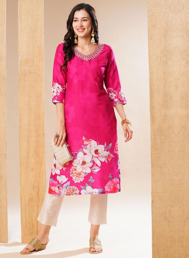 globus Floral Print V Neck Straight Kurta - Image 5